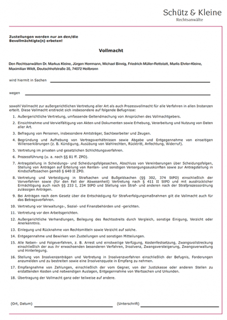 Vollmacht Schütz und Kleine